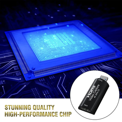 HDMI Video Capture Device 4K Input To 1080P Output, USB Plug & Play , 8/10/12-bit Deep Color Processing, up to 15 meters of HDMI Cable Input,  Supports OBS, VLC, Android, macOS, Windows