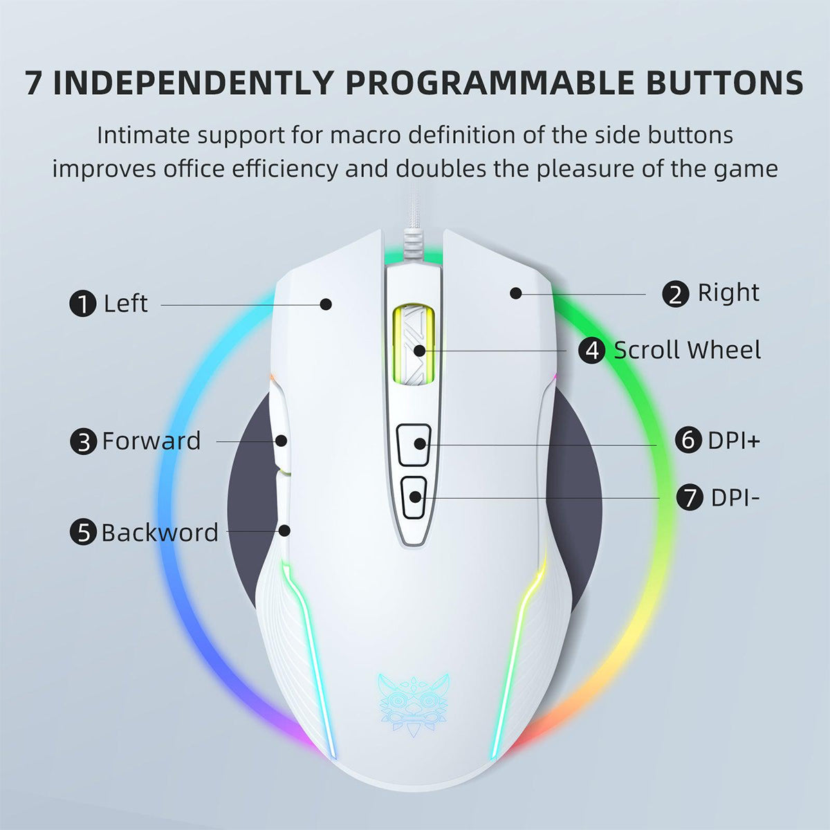 Onikuma CW905 RGB 3600 DPI Wired Professional Gaming Mouse - White