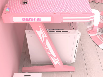 مكتب ألعاب Z8 بطول 120 سم مع أضواء LED وحامل أكواب وحامل سماعة رأس - وردي 