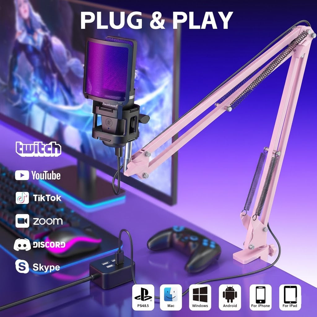 Professional ME6S RGB USB Condenser Microphone with Holder & Stand, Plug & Play, Noise Reduction, Wide Compatibility – Pink