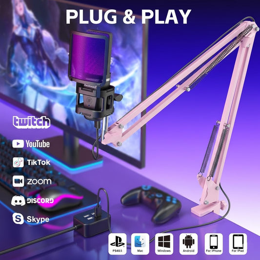 Professional ME6S RGB USB Condenser Microphone with Holder & Stand, Plug & Play, Noise Reduction, Wide Compatibility – Pink