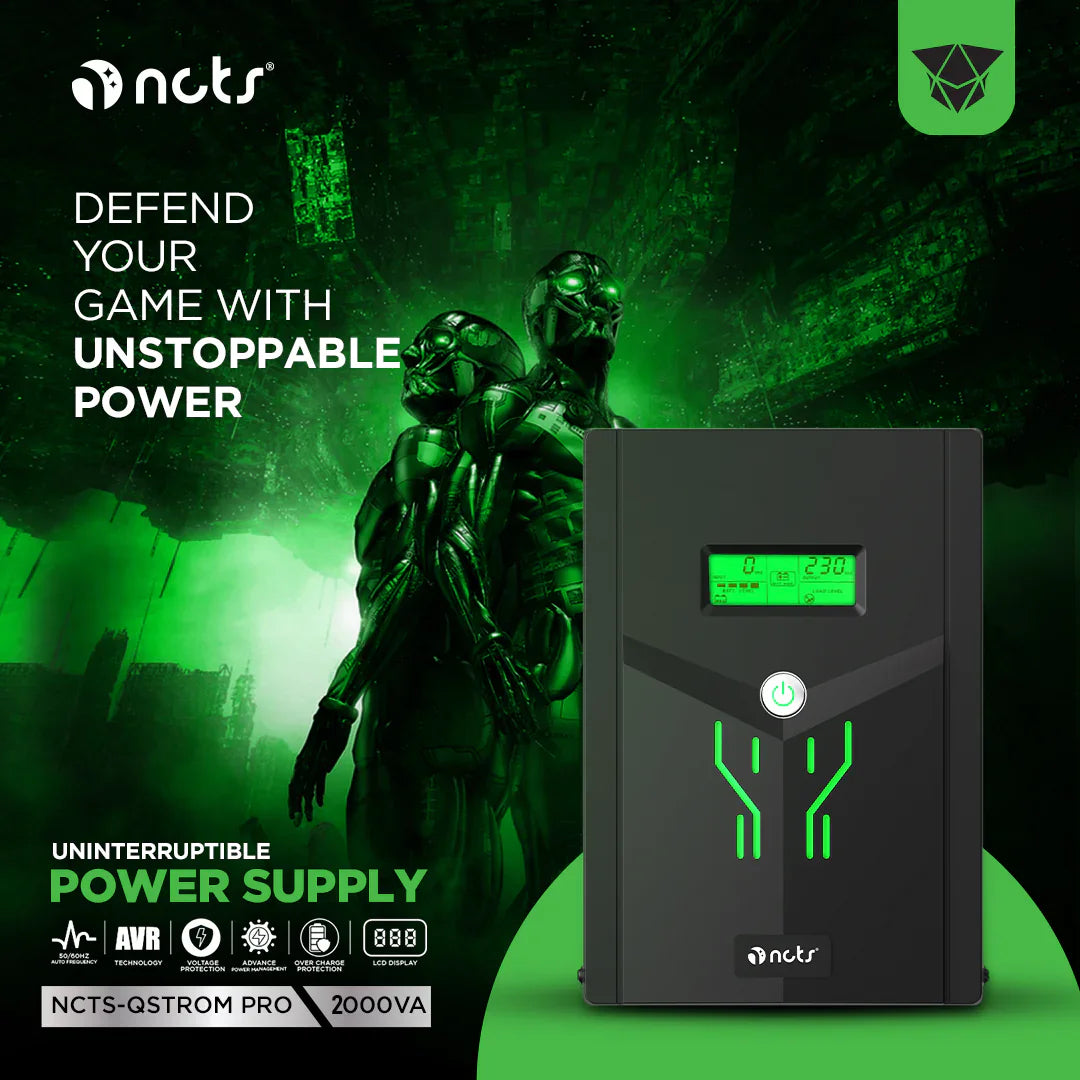 NCTS QSTROM PRO 2000VA/1200W Line Interactive UPS with AVR, Simulated Sinewave Output, Fast Recharge, Full Protection, LCD Display, 12V 9A x2 Batteries , Off-Mode Charging & Generator Compatibility for Personal Computers