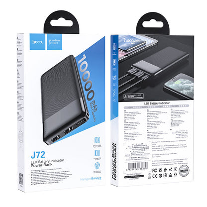HOCO J72 Easy Travel 10000mAh Power Bank With Dual USB 2A Output | Micro-USB & Type-C Input | LED Power Indicator | Lithium Polymer Battery | ABS Flame-Retardant Shell | Black