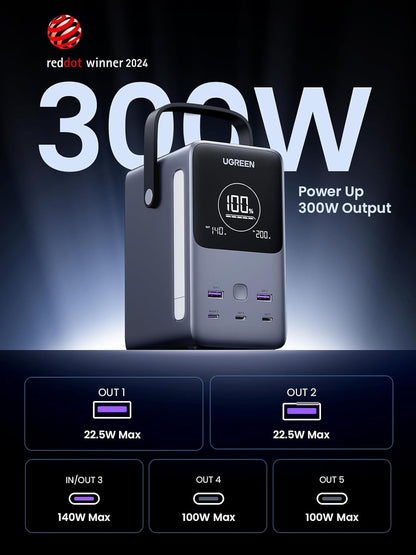 UGREEN 300W 48,000mAh Portable Power Bank With LiFePO4 Battery, 140W PD3.1 USB-C Fast Charging, 5 Ports (3C2A), Smart Display, LED Light With SOS Mode, 153Wh Laptop & Travel Backup Charger