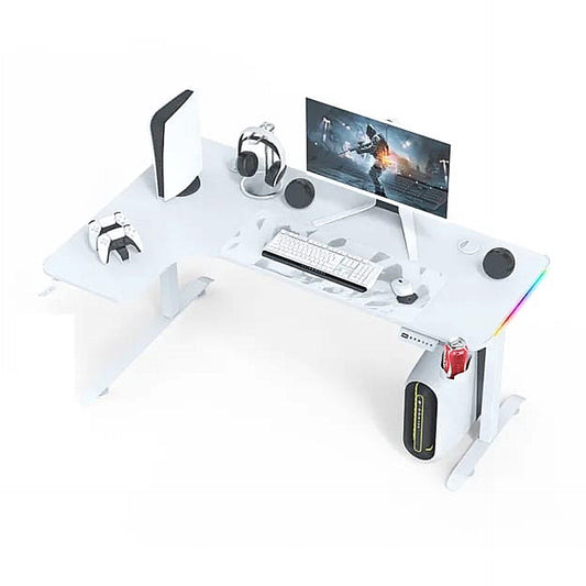 L Shape 160CM Gaming Desk With Side LED, Cup Holder and Headset Holder - White