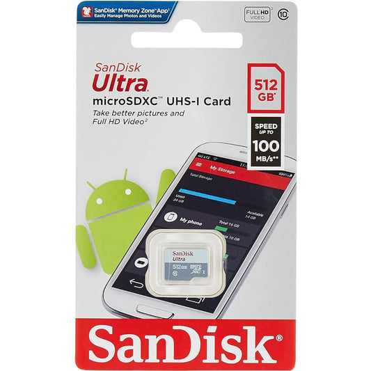 SanDisk 512GB Ultra microSDXC UHS-I - 100MB/s, C10, U1, Full HD, A1, Micro SD Card - SDSQUA4-512G