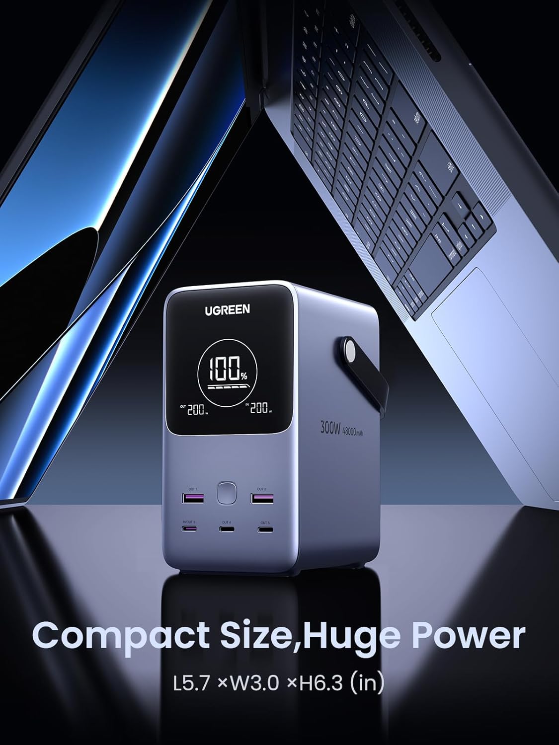 UGREEN 300W 48,000mAh Portable Power Bank With LiFePO4 Battery, 140W PD3.1 USB-C Fast Charging, 5 Ports (3C2A), Smart Display, LED Light With SOS Mode, 153Wh Laptop & Travel Backup Charger