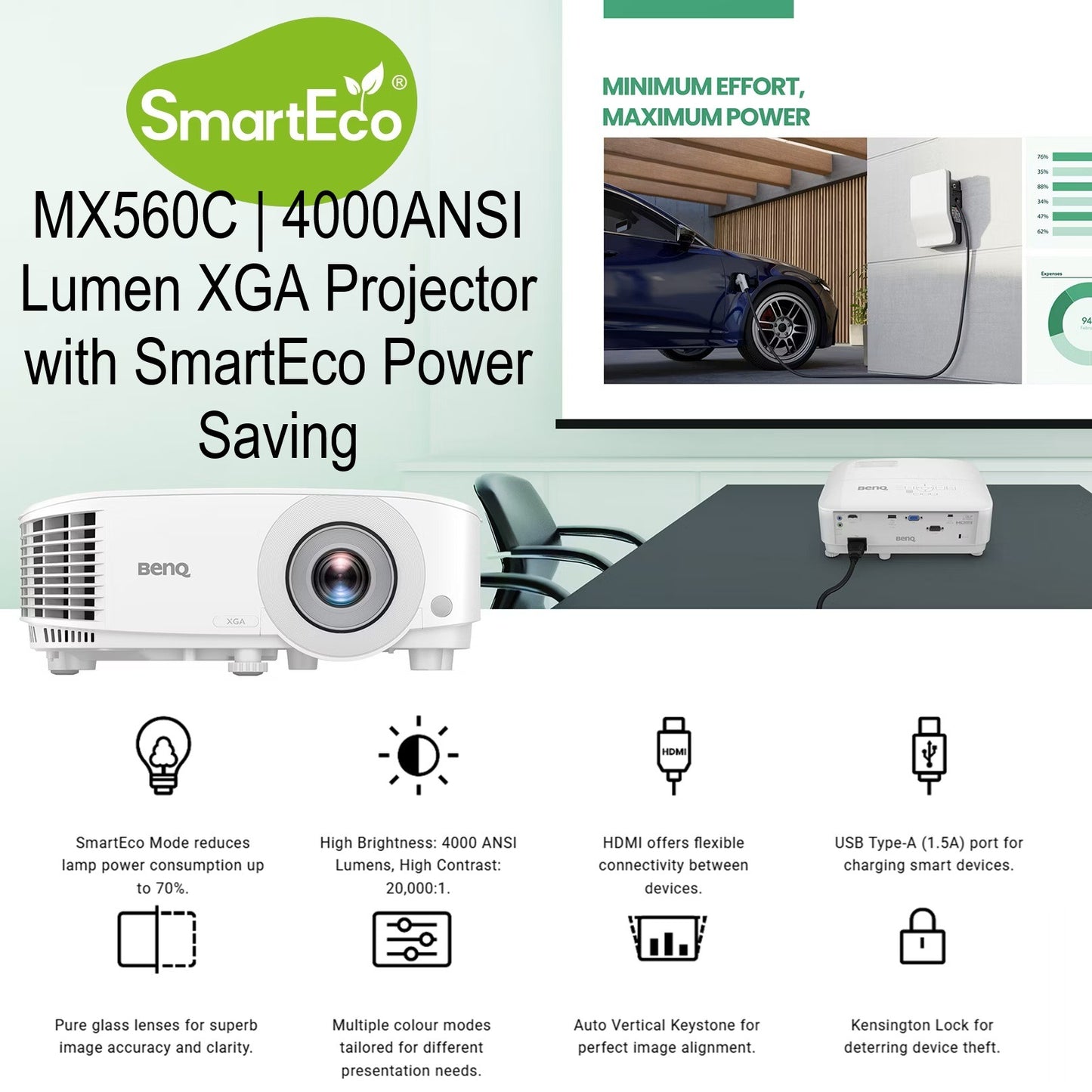 BenQ MX560C XGA Projector 4000 ANSI Lumens – 20,000:1 Contrast, SmartEco Power Saving, Auto Keystone, HDMI & USB Connectivity, 10W Speaker, 7 Color Modes