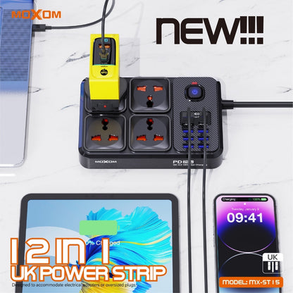 وصلة MOXOM MX-ST17 بقدرة 2500 وات بحد أقصى 4 منافذ طاقة 7 منافذ USB ومنفذ PD من النوع C بقدرة 20 وات ومنفذ QC بقدرة 18 وات ومقبس المملكة المتحدة وشحن سريع وآمن بطول 2 متر 