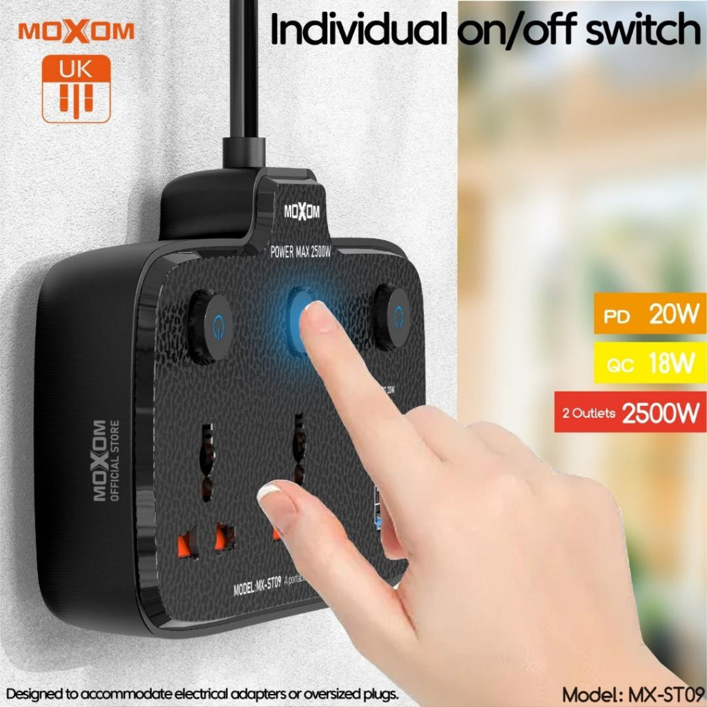MOXOM High Duty Power Strip 2500W Wall Mount Extension Plug Socket With USB Type C Port Extention Cord MX-ST09