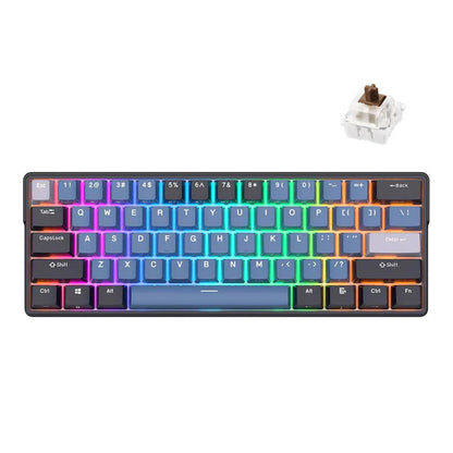 لوحة مفاتيح ميكانيكية Royal Kludge RK61 Plus ثلاثية الوضع RGB، 61 مفتاحًا قابلة للتبديل السريع، لون نيلي - مفتاح بني 