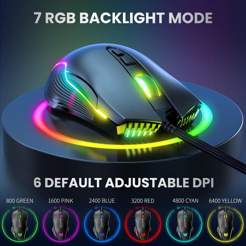 Onikuma CW905 6400 DPI Wired Gaming Mouse 7 Buttons Design RGB - Black