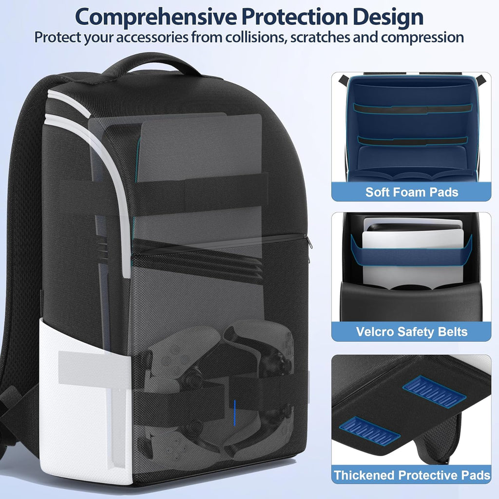 PS5 Travel Backpack: Heavy Duty Protective Carrying Case for PS5 Fat, Slim & Pro Models | Large Capacity Storage Bag for Console, Controllers, and Accessories