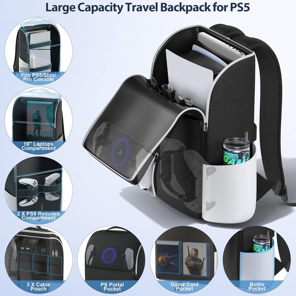 PS5 Travel Backpack: Heavy Duty Protective Carrying Case for PS5 Fat, Slim & Pro Models | Large Capacity Storage Bag for Console, Controllers, and Accessories
