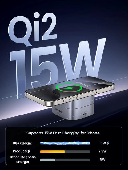 UGREEN 2-In-1 Qi2 Magnetic Foldable Wireless Charger 15W Fast Charging Station With N52 Magnets USB-C 12V 3A Dual Output 15W Phone 5W Earbuds 70° Adjustable Stand Grey