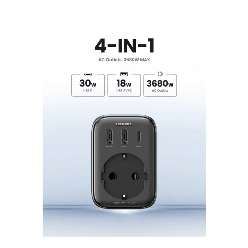 UGREEN 4-In-1 Wall Outlet Extender 30W Fast Charging With 3680W AC Output, 16A Max, Full Protection Against Overload Overcurrent Overvoltage Overtemperature, Wall Mountable