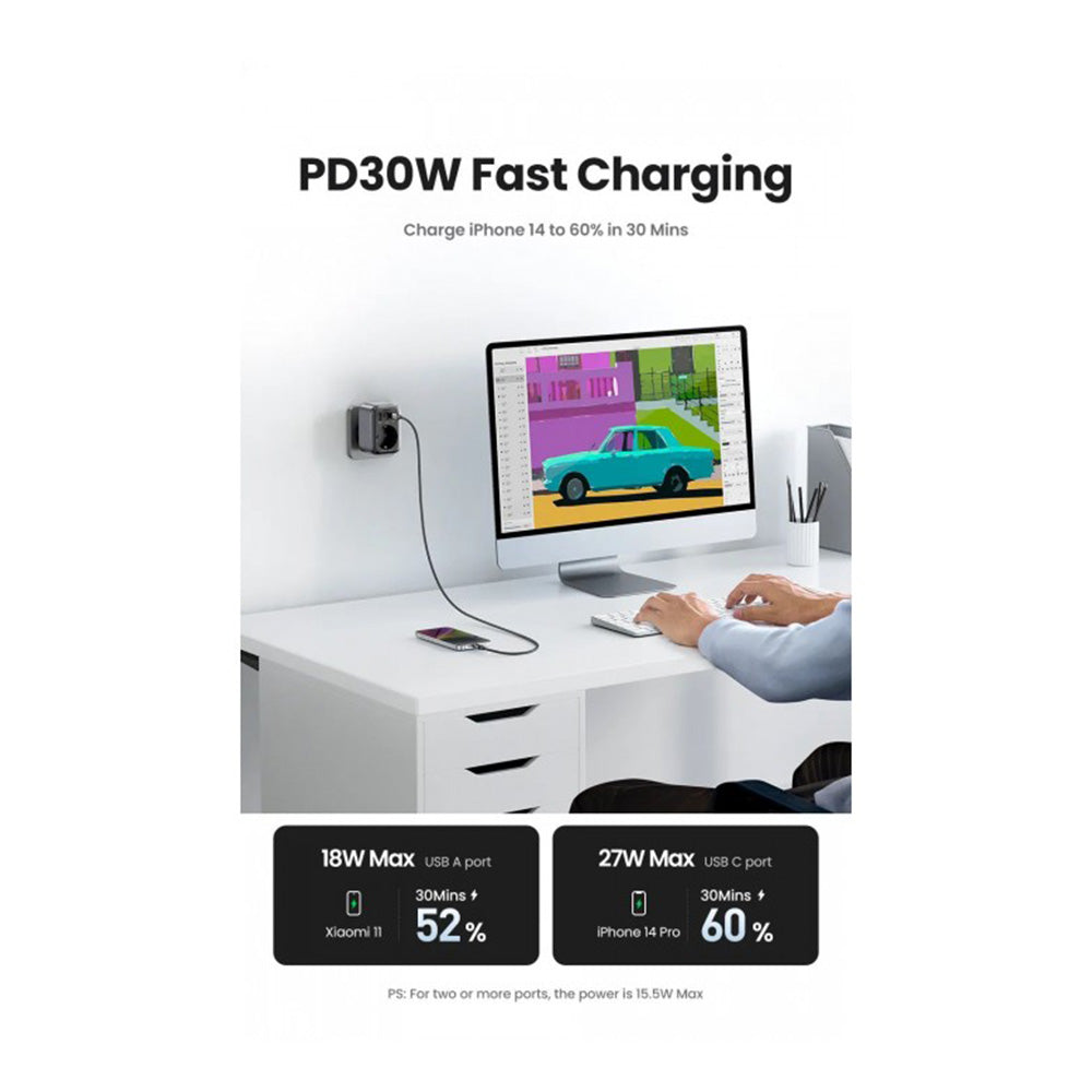 UGREEN 4-In-1 Wall Outlet Extender 30W Fast Charging With 3680W AC Output, 16A Max, Full Protection Against Overload Overcurrent Overvoltage Overtemperature, Wall Mountable