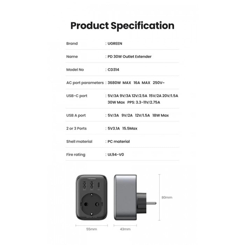 UGREEN 4-In-1 Wall Outlet Extender 30W Fast Charging With 3680W AC Output, 16A Max, Full Protection Against Overload Overcurrent Overvoltage Overtemperature, Wall Mountable