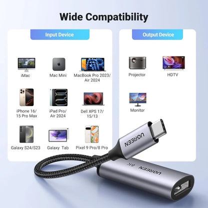 UGREEN USB-C to DisplayPort 8K Adapter Cable 10cm – Thunderbolt 4/3 Compatible, 8K@60Hz, HDR, G-Sync, FreeSync, Braided Design