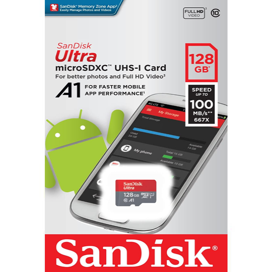 SanDisk 128GB Ultra microSDXC UHS-I - 100MB/s, C10, U1, Full HD, A1, Micro SD Card - SDSQUA4-512G