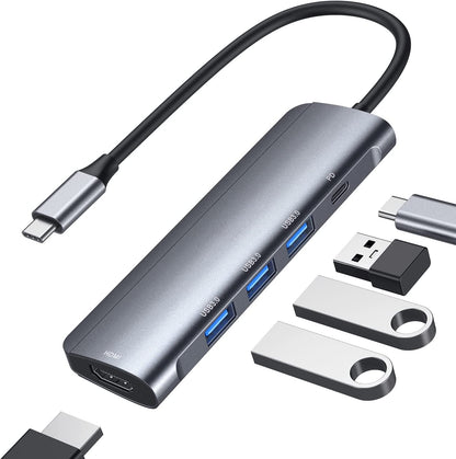 موزع ألومنيوم ٥ في ١، محول USB C إلى HDMI بدقة ٤K، مزود بثلاثة منافذ USB ٣.٠ - ماك بوك | ويندوز