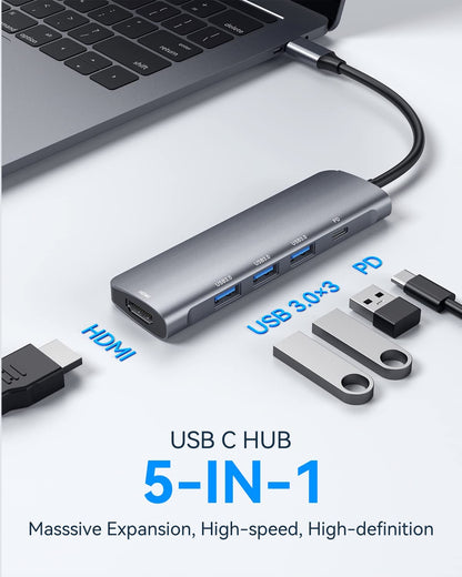 موزع ألومنيوم ٥ في ١، محول USB C إلى HDMI بدقة ٤K، مزود بثلاثة منافذ USB ٣.٠ - ماك بوك | ويندوز