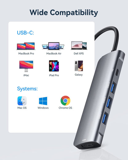 موزع ألومنيوم ٥ في ١، محول USB C إلى HDMI بدقة ٤K، مزود بثلاثة منافذ USB ٣.٠ - ماك بوك | ويندوز