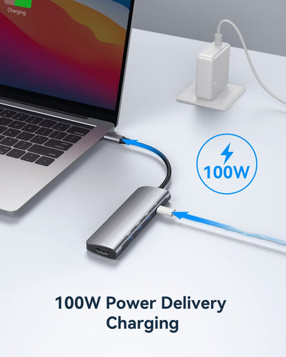 موزع ألومنيوم ٥ في ١، محول USB C إلى HDMI بدقة ٤K، مزود بثلاثة منافذ USB ٣.٠ - ماك بوك | ويندوز
