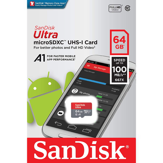 SanDisk 64GB Ultra microSDXC UHS-I - 100MB/s, C10, U1, Full HD, A1, Micro SD Card - SDSQUA4-512G