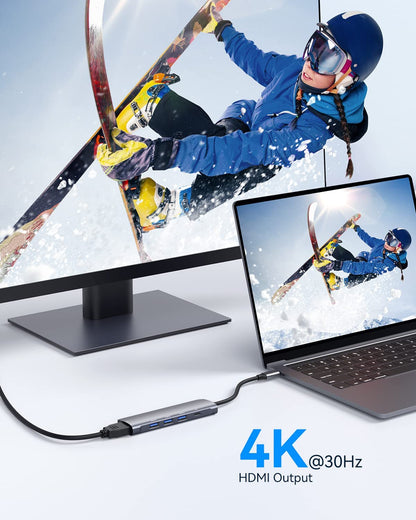 موزع ألومنيوم ٥ في ١، محول USB C إلى HDMI بدقة ٤K، مزود بثلاثة منافذ USB ٣.٠ - ماك بوك | ويندوز