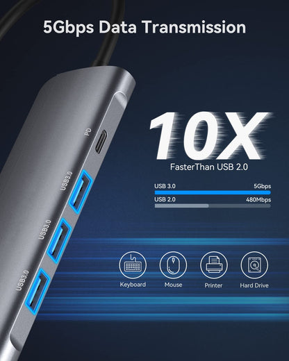 موزع ألومنيوم ٥ في ١، محول USB C إلى HDMI بدقة ٤K، مزود بثلاثة منافذ USB ٣.٠ - ماك بوك | ويندوز