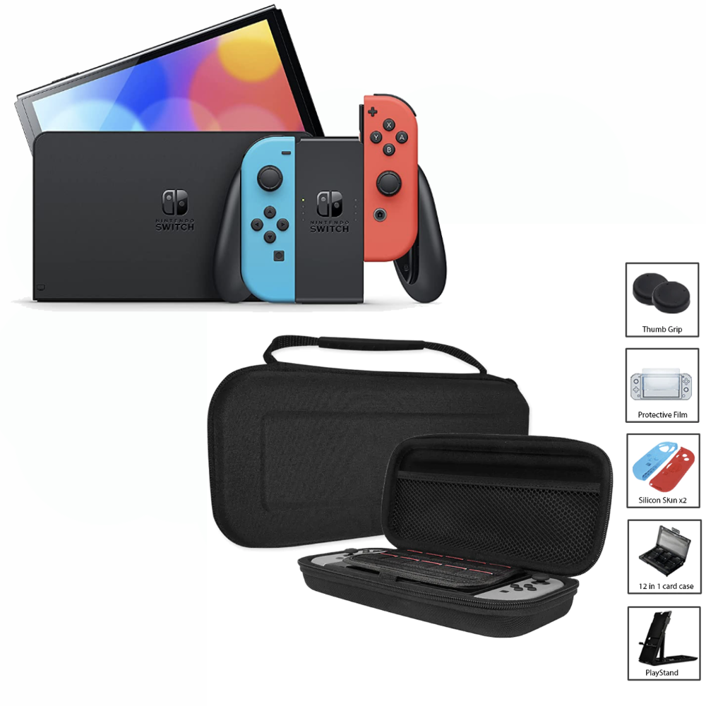 Nintendo Switch - OLED Model Neon Blue/Neon Red with Lucky Fox Starter Kit 9 in 1 Bundle