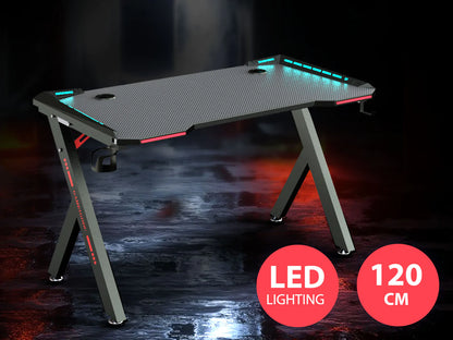 مكتب ألعاب R5 مقاس 120 سم مع أضواء LED مدمجة وحامل سماعة رأس وحامل أكواب