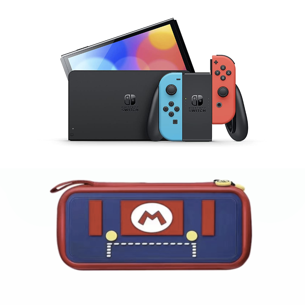 Nintendo Switch - OLED Model Neon Blue/Neon Red with Mario Case Bundle