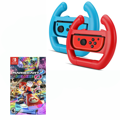 Mario Kart 8 Deluxe Game with Racing Wheel (Set of 2 Red + Blue) Bundle